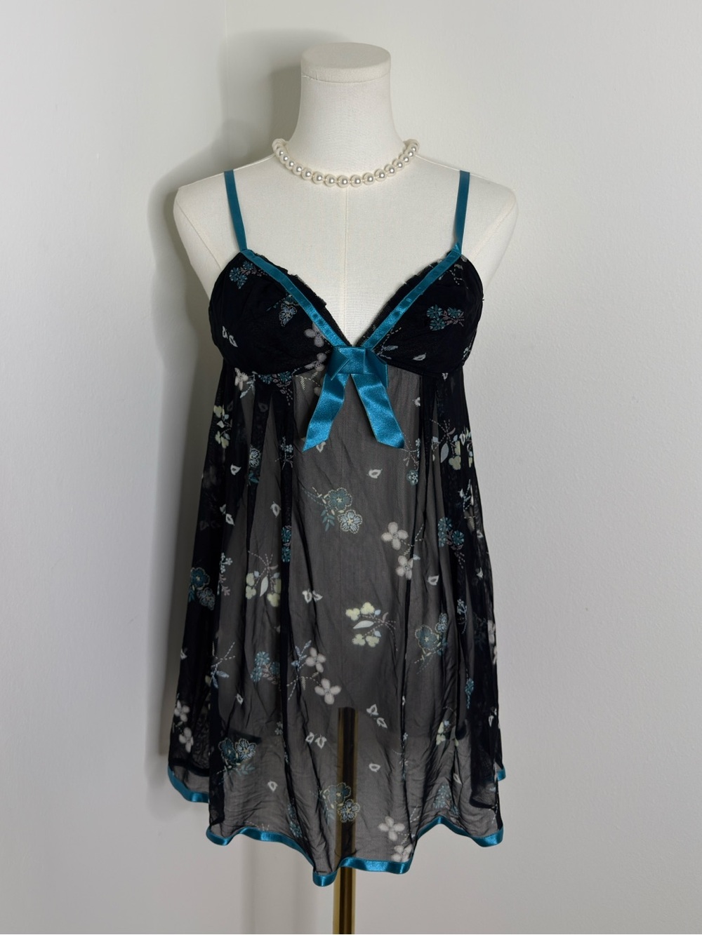 Victoria's Secret Black Sheer Floral Babydoll with Teal Trim